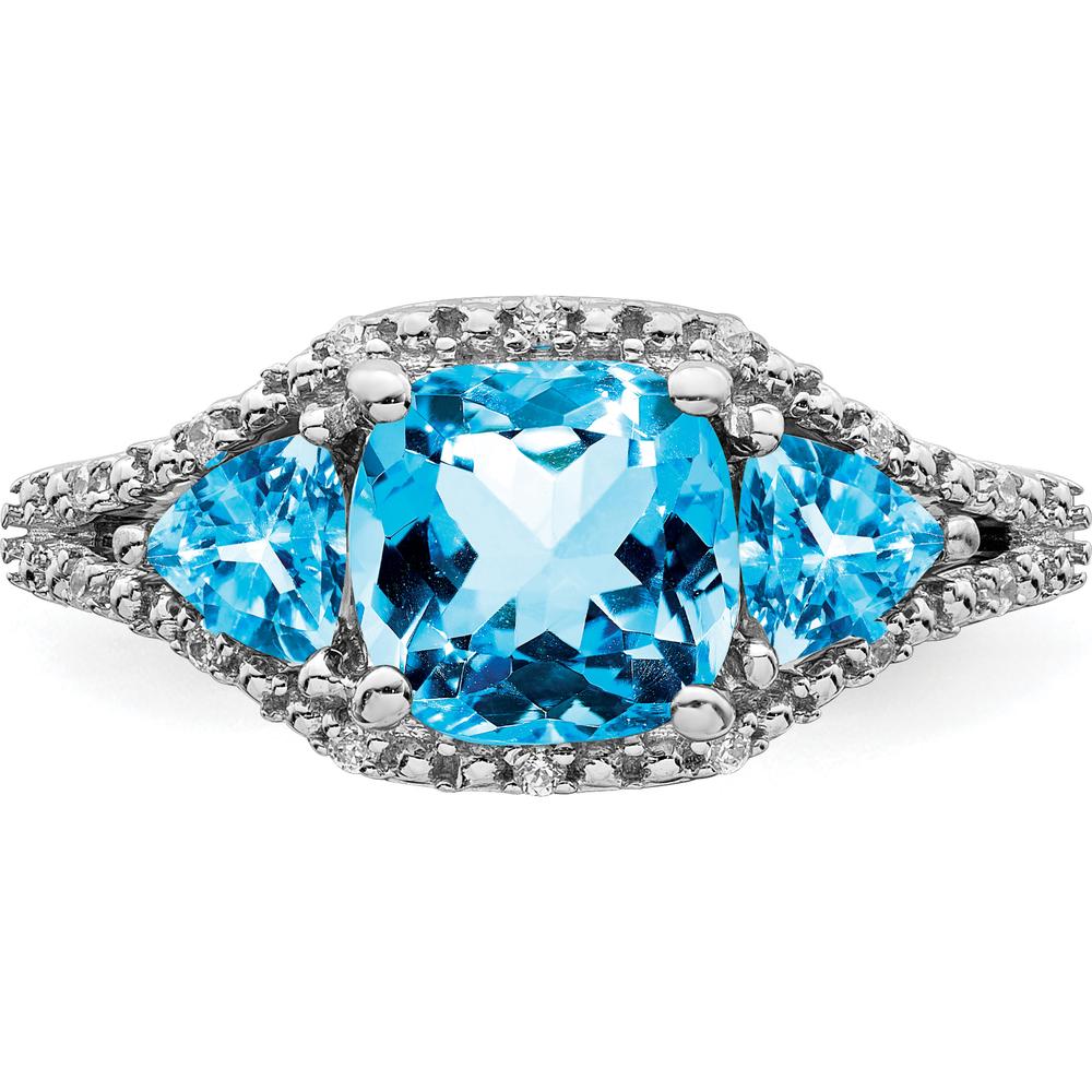 14K White Gold Blue Topaz and Diamond Ring with Cushion and Trillion Cut Stones - 2.58 Carat Total Gem Weight by 0