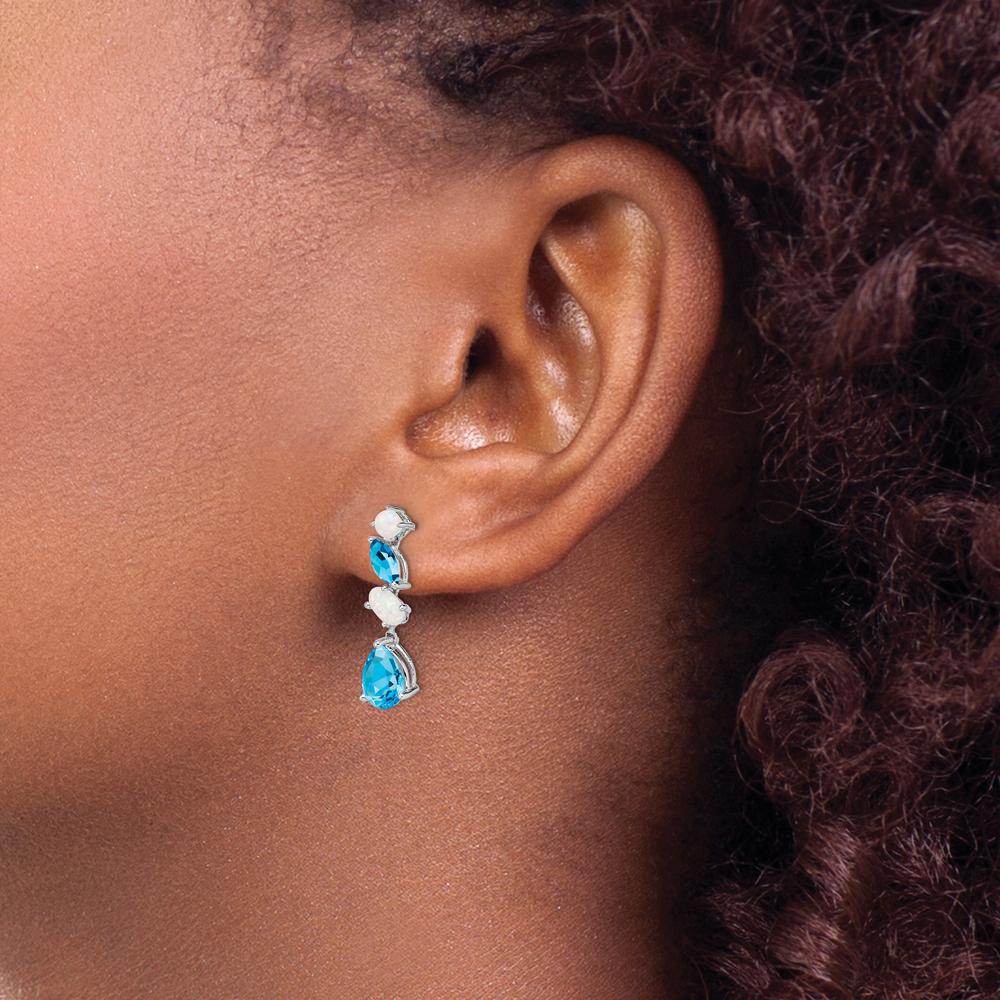 14K White Gold Blue Topaz and Opal Dangle Earrings - 1.42 Carat Total Gem Weight by Monteluci Fine Jewelry