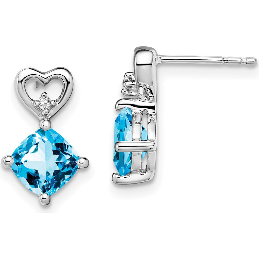14K White Gold Blue Topaz Cushion Cut Heart Drop Earrings with Diamond Accents - 1.25 Carat Blue Topaz Total Weight by Oro Pregiato