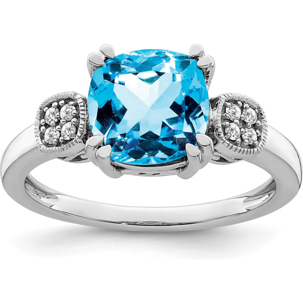 14K White Gold Blue Topaz Cushion Cut Ring with Round Diamond Accents - 2.48 Carat Total Gem Weight by 0