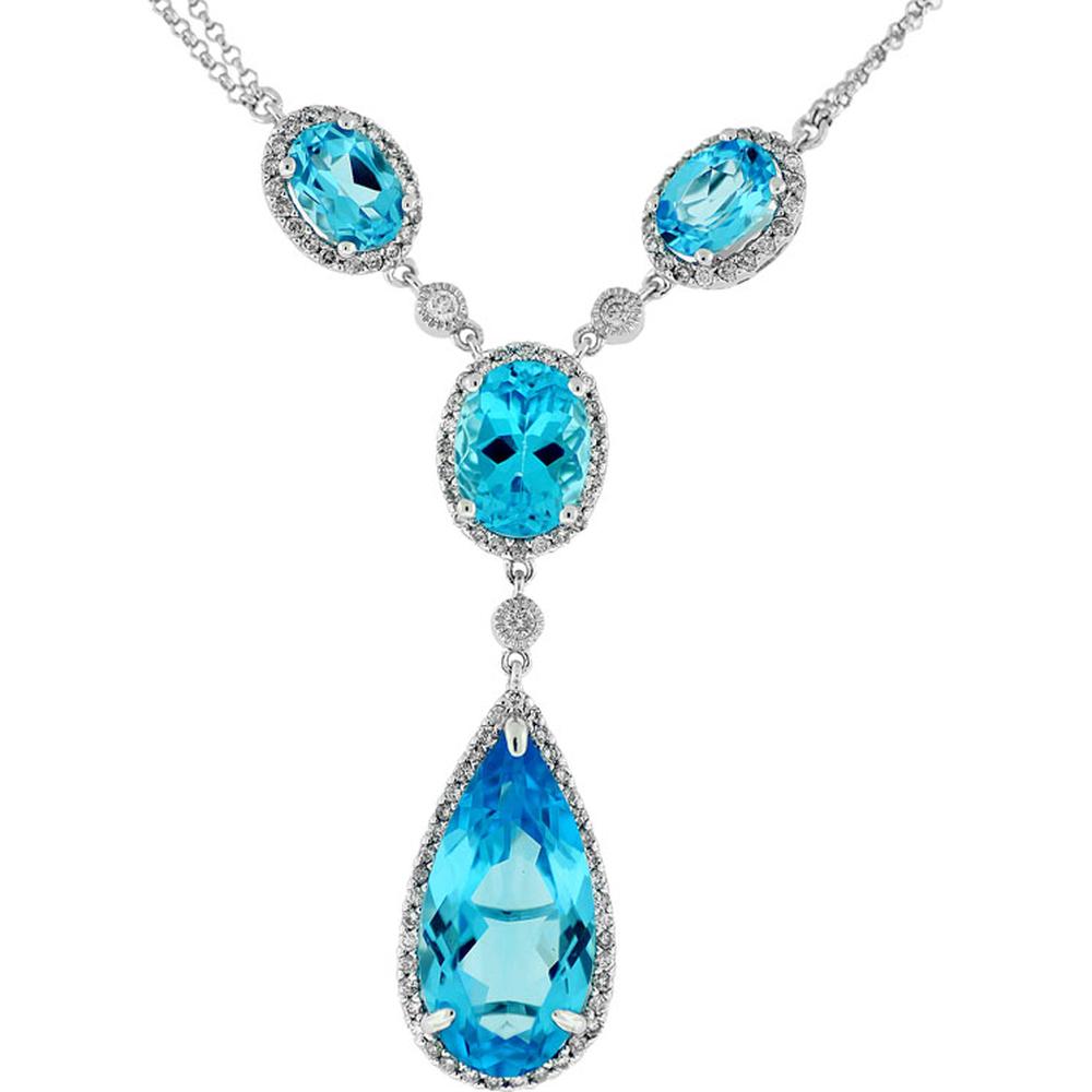 14K White Gold Blue Topaz Drop Necklace with Oval and Pear-Shaped Blue Topaz and Diamond Halo Accents - 11.00 Carat Blue Topaz and 0.80 Carat Total Diamond Weight - Royal Jewelry