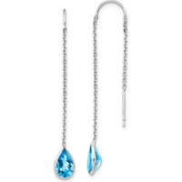 14K White Gold Blue Topaz Pear Bezel Threader Earrings - 1.60 Carat Total Blue Topaz Weight by Monteluci Fine Jewelry