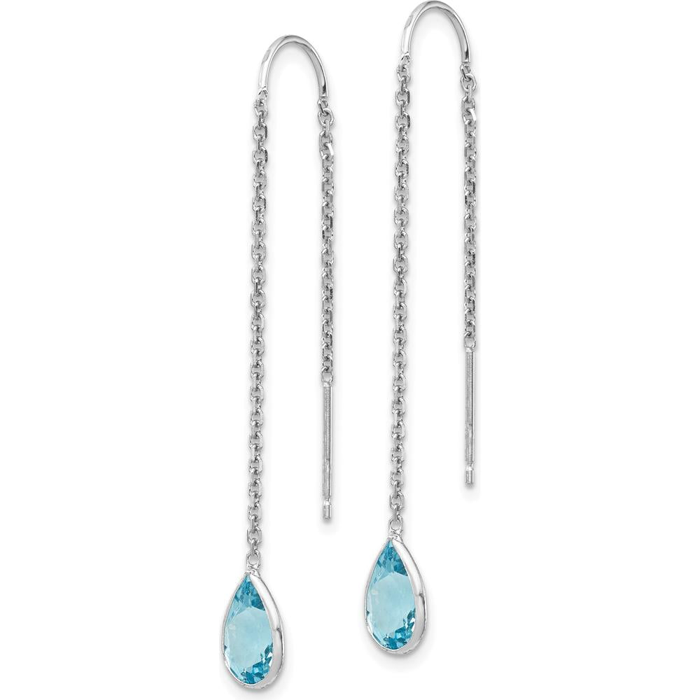 14K White Gold Blue Topaz Pear Bezel Threader Earrings - 1.60 Carat Total Blue Topaz Weight by Monteluci Fine Jewelry