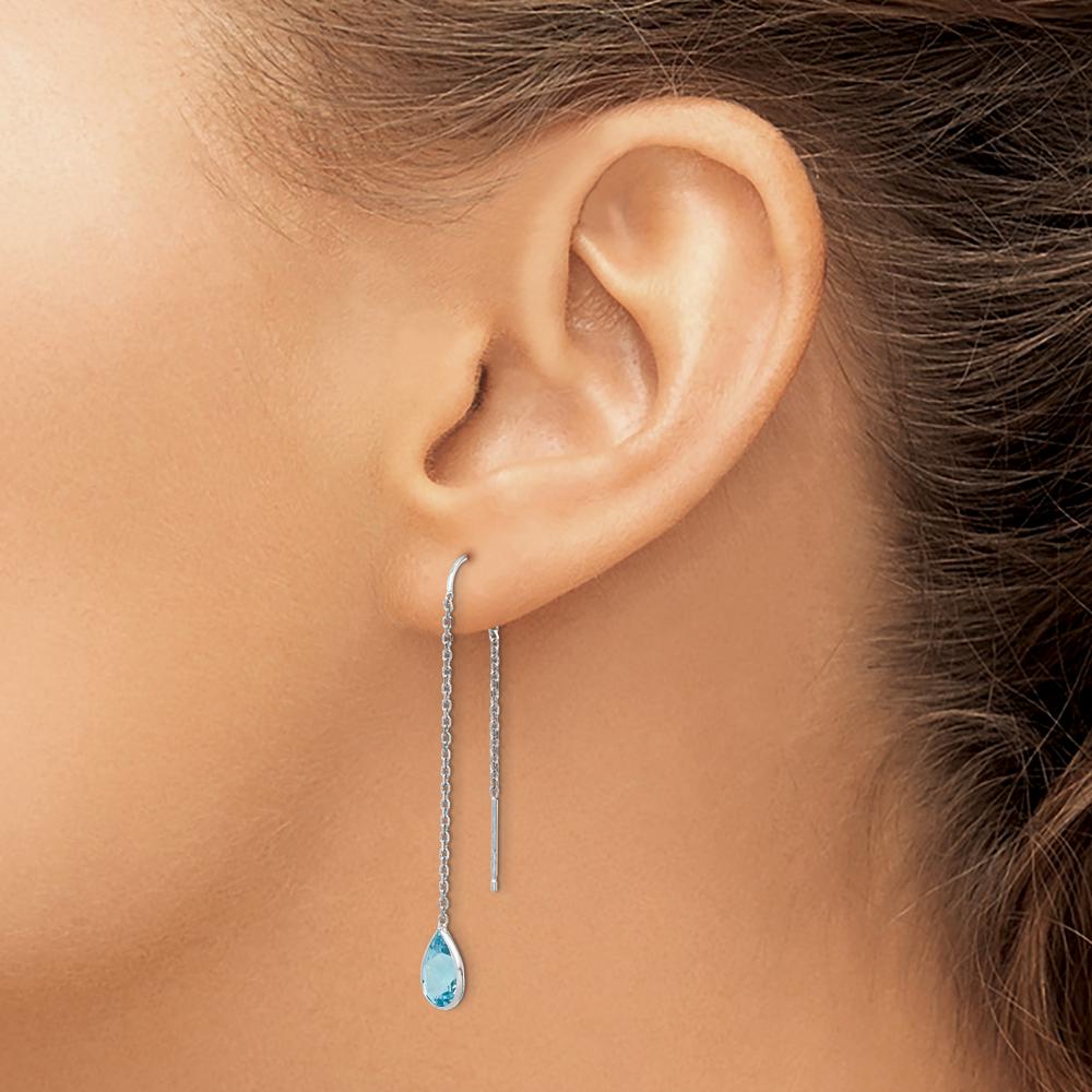 14K White Gold Blue Topaz Pear Bezel Threader Earrings - 1.60 Carat Total Blue Topaz Weight by Monteluci Fine Jewelry