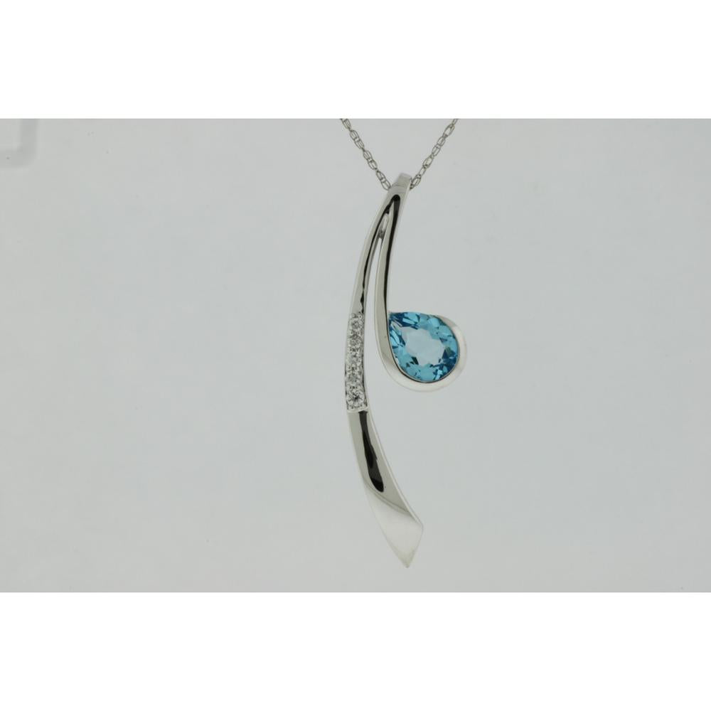 14K White Gold Blue Topaz Pear Shape Pendant with Round Diamonds - 1.53 Carats Total Gemstone Weight