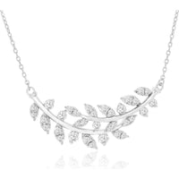 14K White Gold Botanical Leaf Motif Necklace with Prong-Set Round Diamonds - 0.50 Carat Total Diamond Weight - Royal Jewelry