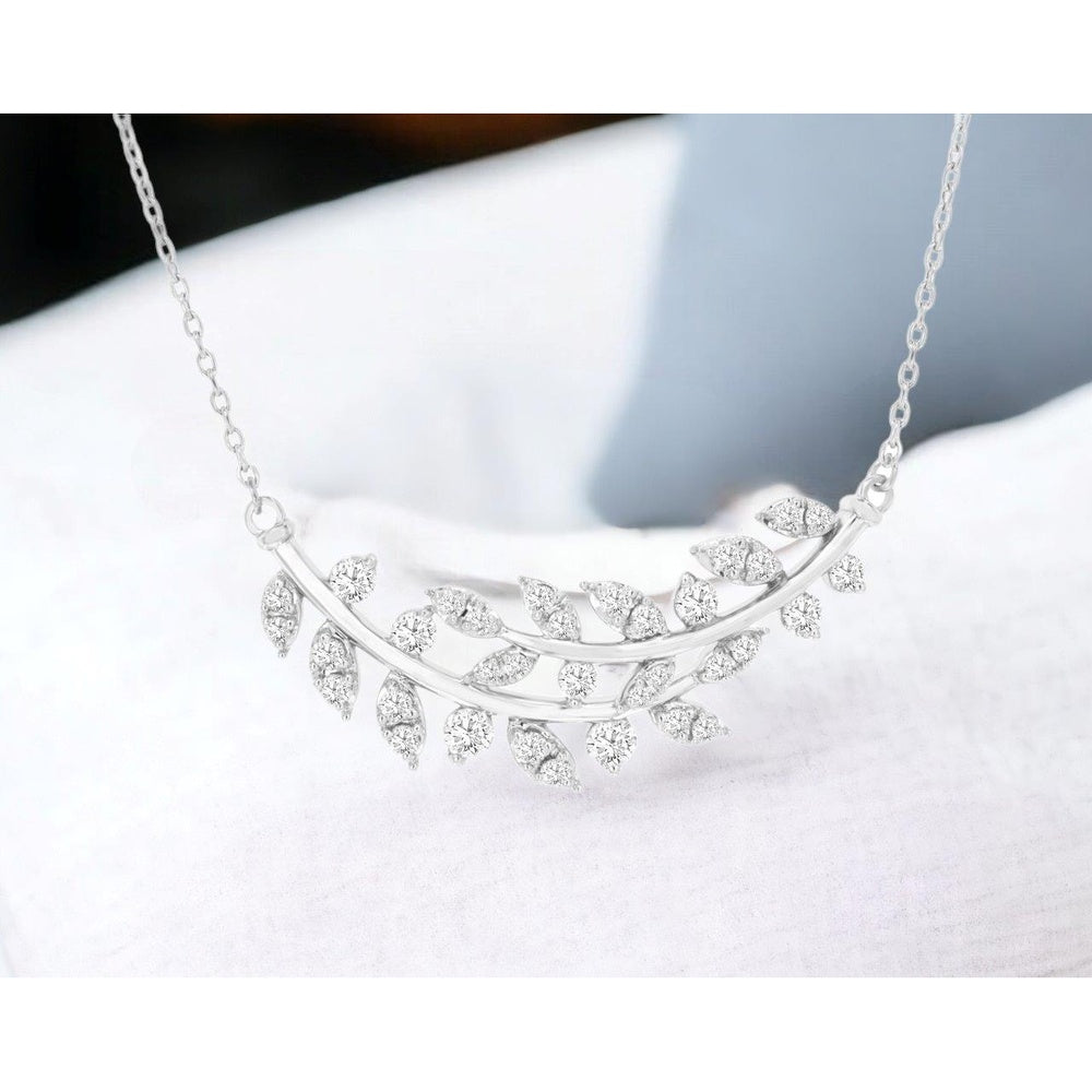14K White Gold Botanical Leaf Motif Necklace with Prong-Set Round Diamonds - 0.50 Carat Total Diamond Weight - Royal Jewelry