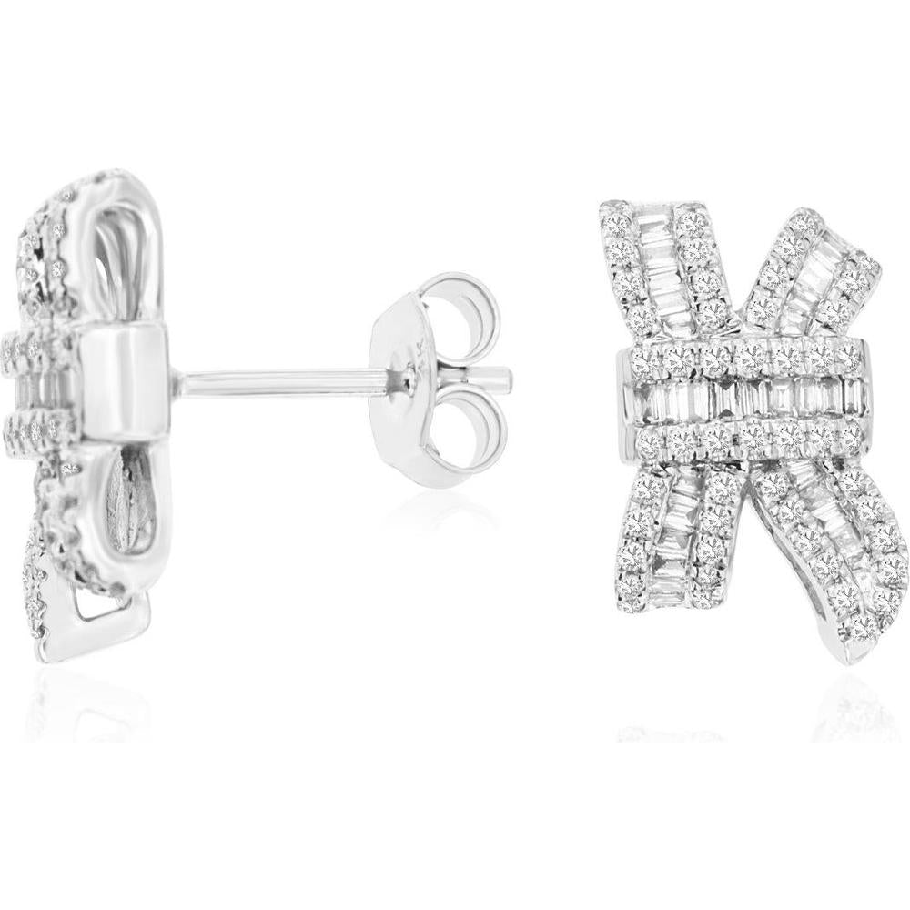 14K White Gold Bow Motif Earrings with Round and Baguette Diamonds - 0.55 Carat Total Diamond Weight - Royal Jewelry