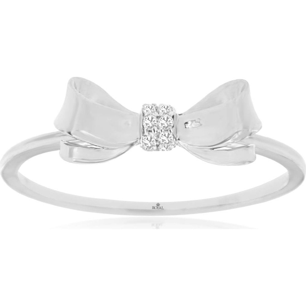 14K White Gold Bow Motif Ring with Prong-Set Round Diamond Cluster - 0.04 Carat Total Diamond Weight - Royal Jewelry
