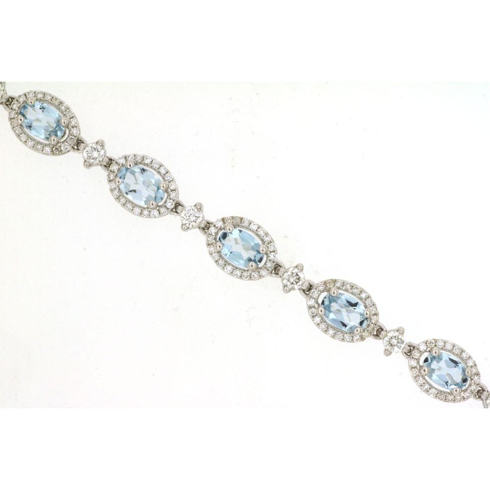14K White Gold Bracelet with Oval Aquamarines and Diamond Halo Stations - 5.50 Carat Total Aquamarine Weight & 2.00 Carat Total Diamond Weight - Royal Jewelry