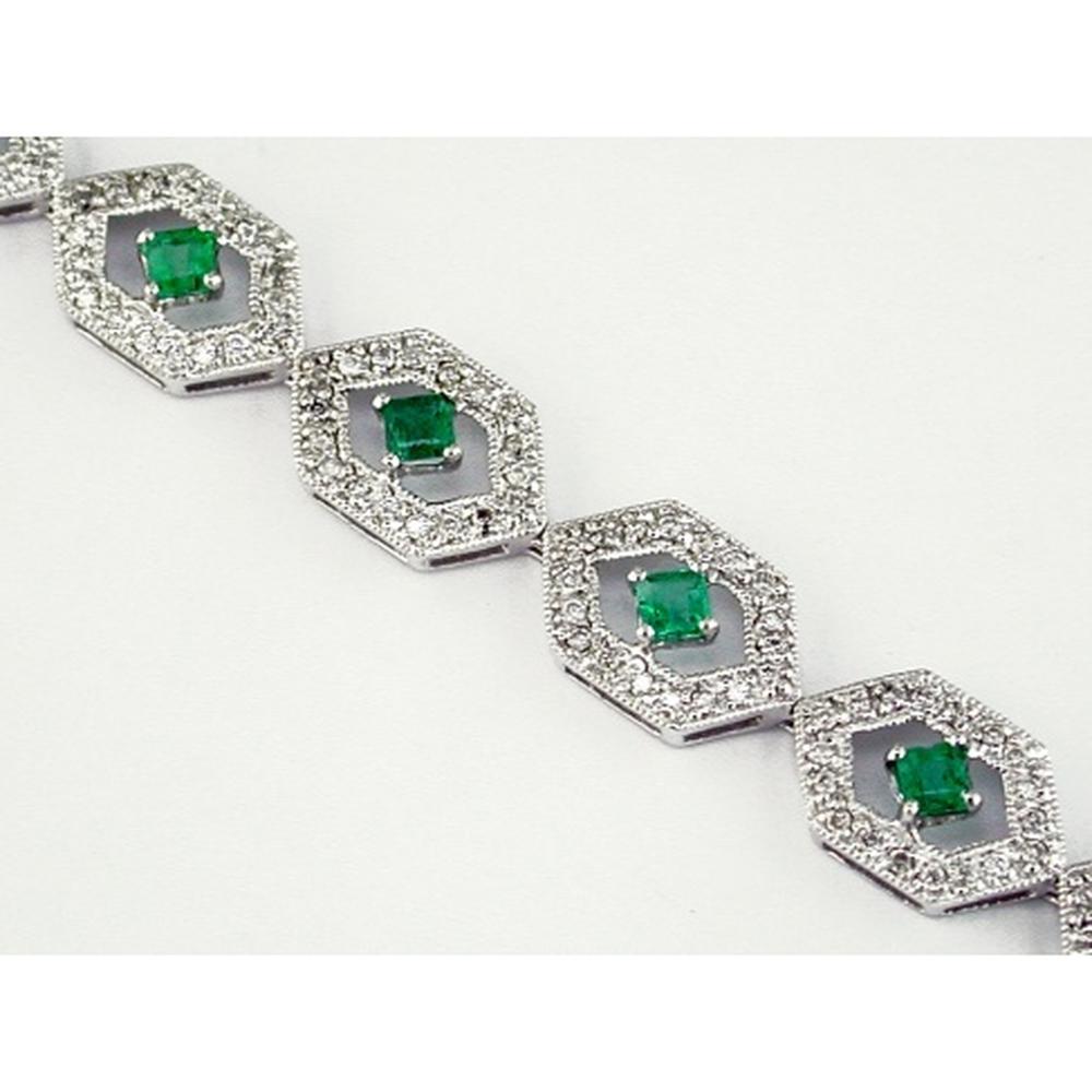 14K White Gold Bracelet with Princess Cut Emeralds and Round Diamonds - 2.45 Carats Total Gem Weight