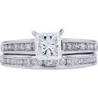 14K White Gold Bridal Set with 1.00 Carat Princess Cut Center Diamond and 0.50 Carat Channel Set Round Diamonds