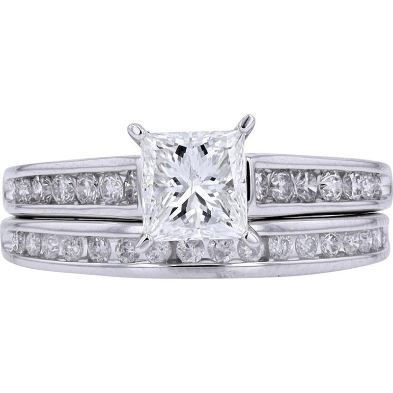 14K White Gold Bridal Set with 1.00 Carat Princess Cut Center Diamond and 0.50 Carat Channel Set Round Diamonds