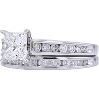 14K White Gold Bridal Set with 1.00 Carat Princess Cut Center Diamond and 0.50 Carat Channel Set Round Diamonds
