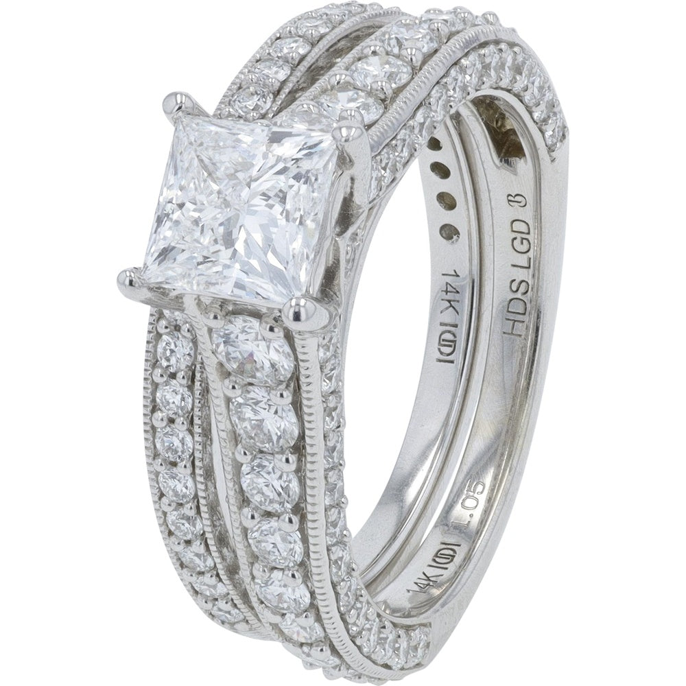 14K White Gold Bridal Set with 1.00 Carat Princess Cut Lab Grown Diamond and 2.50 Carat Total Diamond Weight - Matching Band with Milgrain Edge