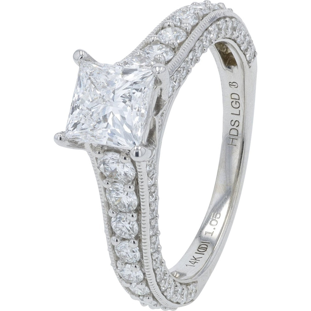 14K White Gold Bridal Set with 1.00 Carat Princess Cut Lab Grown Diamond and 2.50 Carat Total Diamond Weight - Matching Band with Milgrain Edge