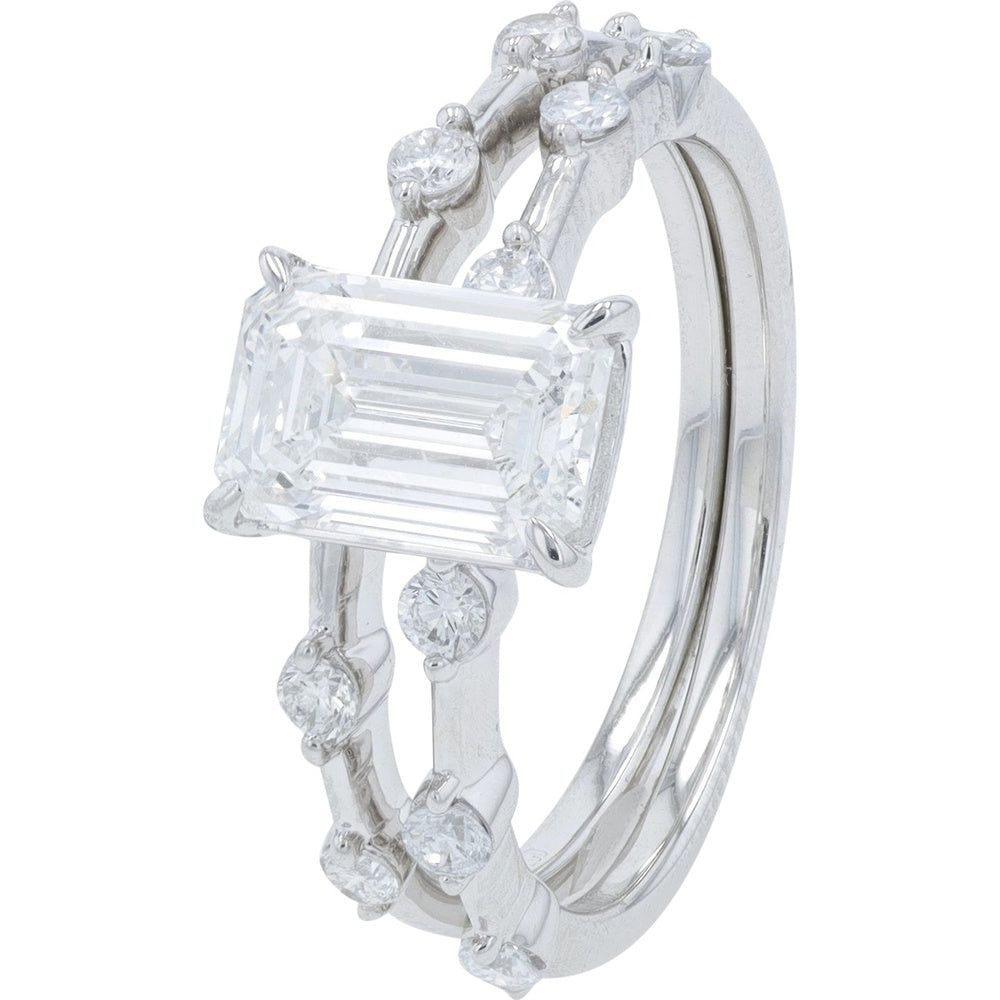14K White Gold Bridal Set with 1.50 Carat Emerald Cut Lab Grown Diamond Center and Round Diamond Accented Band - 1.86 Carat Total Diamond Weight