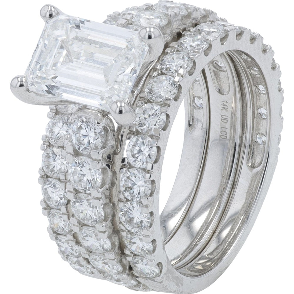 14K White Gold Bridal Set with 2.00 Carat Emerald Cut Lab Grown Diamond and 5.00 Carat Total Diamond Weight