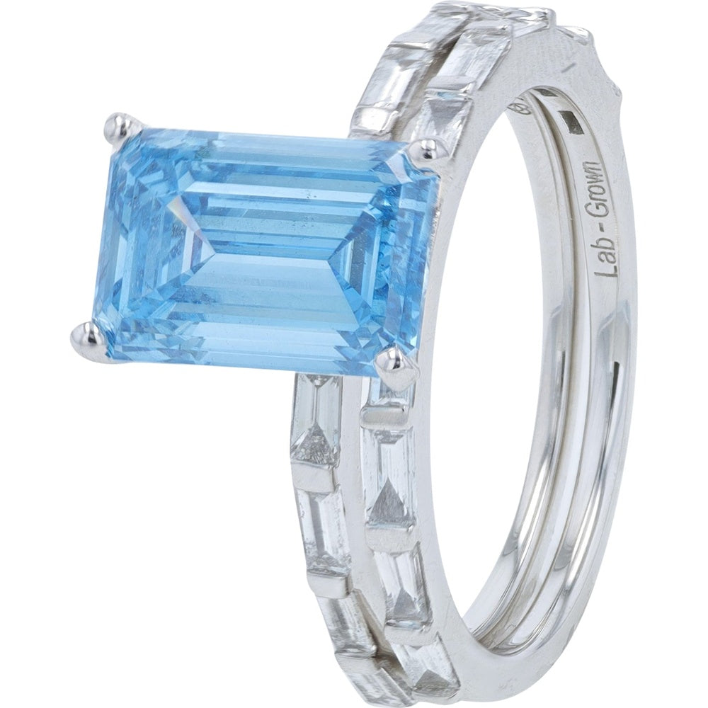 14K White Gold Bridal Set with 3.00 Carat Lab Grown Blue Emerald Cut Diamond and 0.50 Carat Baguette Diamond Accents - 3.50 Carat Total Diamond Weight