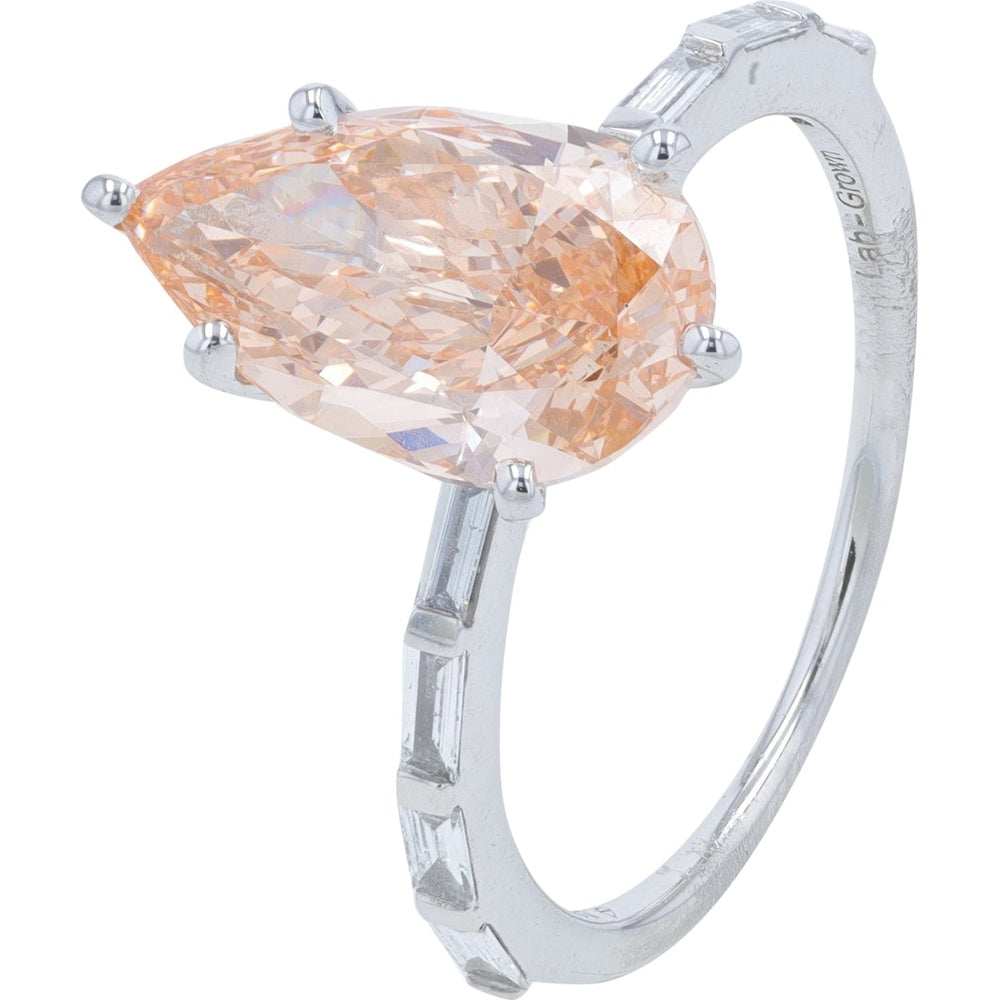 14K White Gold Bridal Set with 3.00 Carat Light Pink Pear Cut Lab Grown Diamond and Baguette Accents - 3.50 Carat Total Diamond Weight