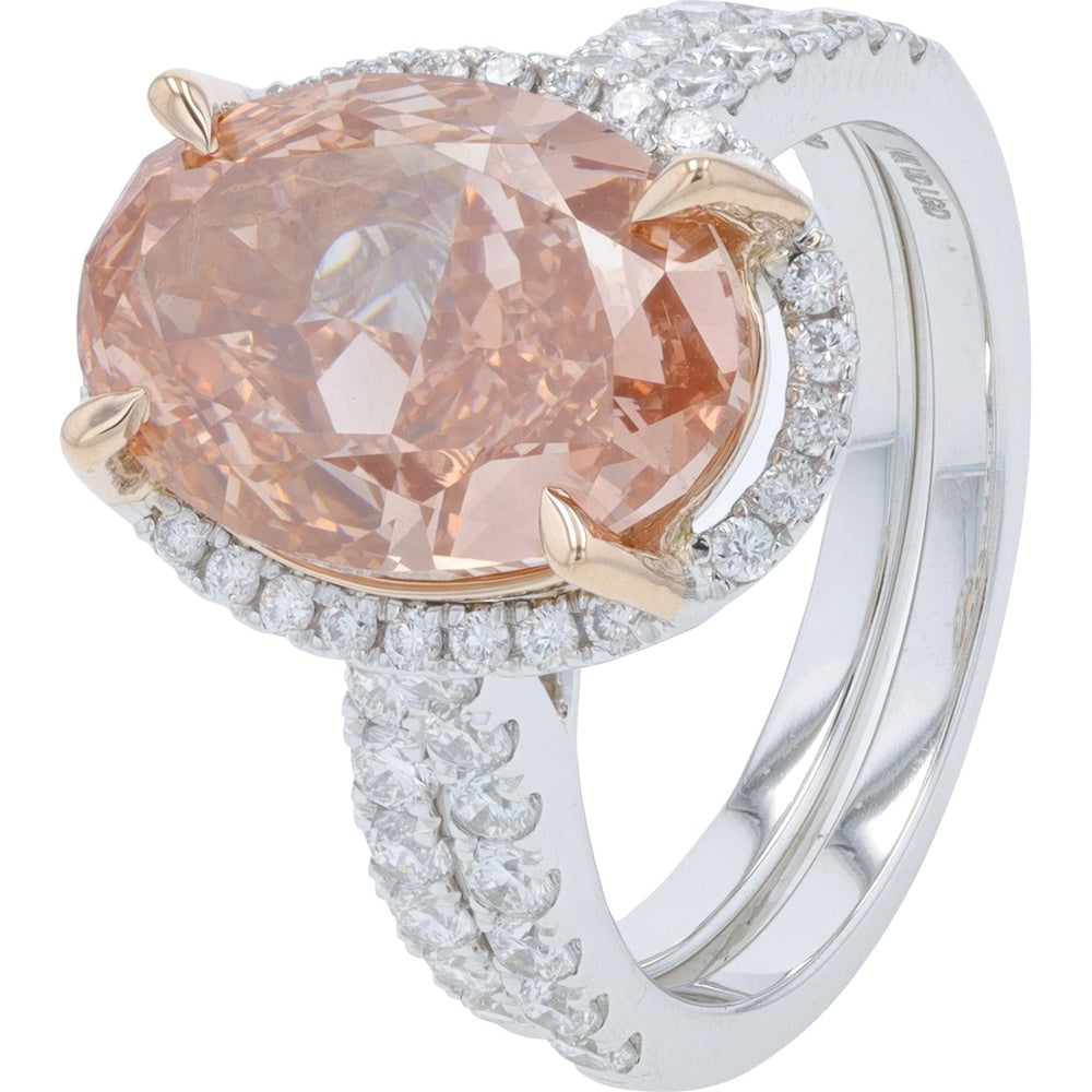 14K White Gold Bridal Set with 5.25 Carat Oval Pink Lab-Grown Diamond and Pavé Halo - 6.25 Carat Total Diamond Weight