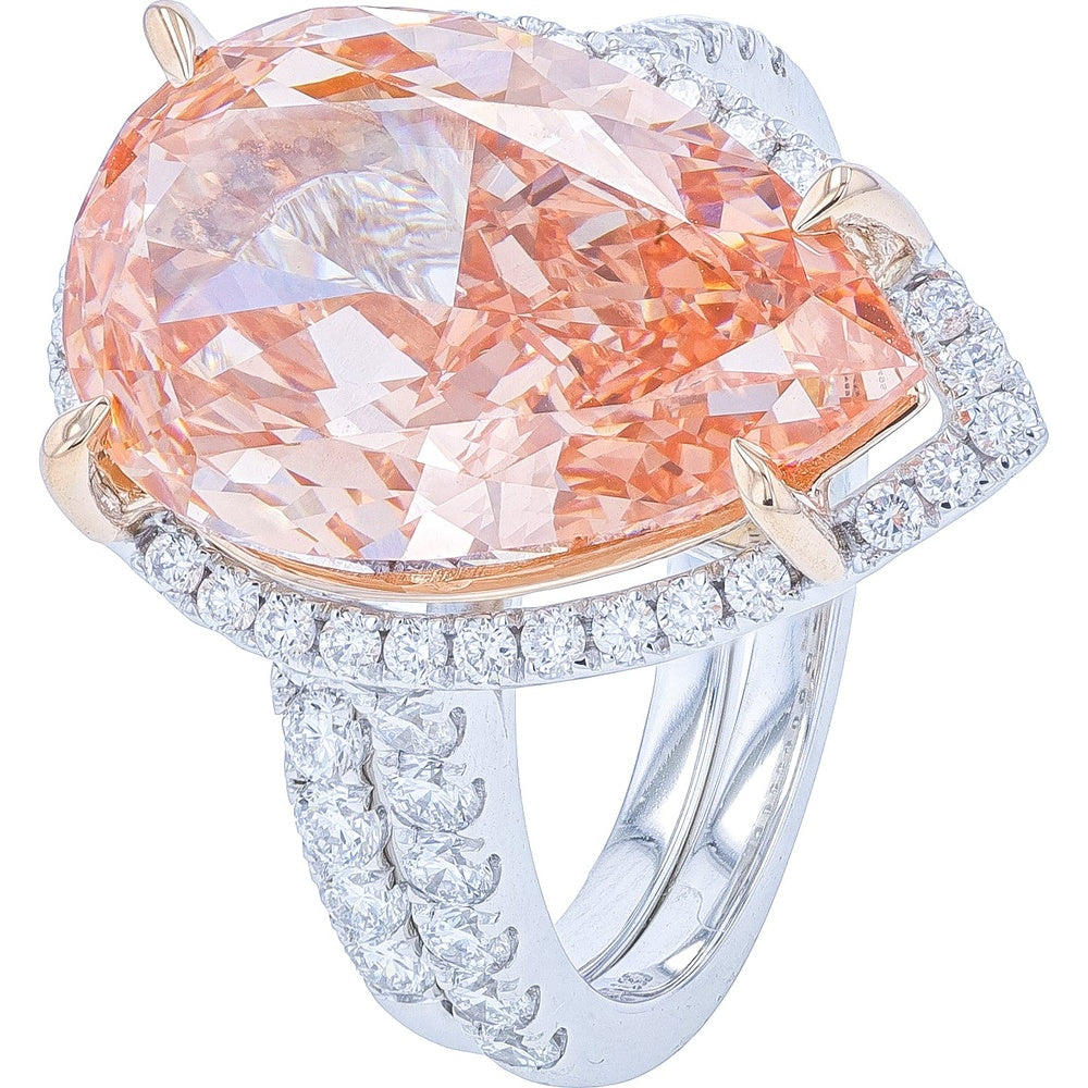 14K White Gold Bridal Set with 5.75 Carat Pear-Shaped Pink Lab-Grown Diamond Halo and Diamond Split Shank - 6.75 Carat Total Diamond Weight