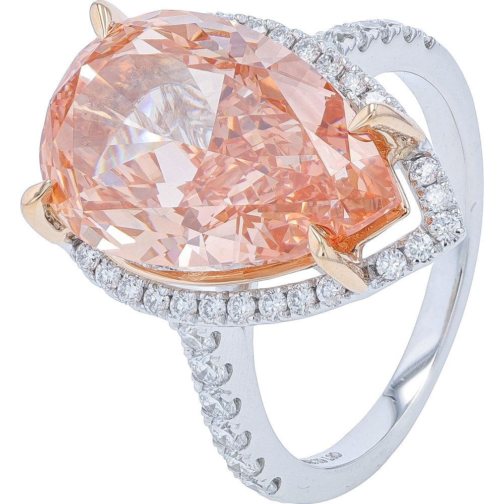 14K White Gold Bridal Set with 5.75 Carat Pear-Shaped Pink Lab-Grown Diamond Halo and Diamond Split Shank - 6.75 Carat Total Diamond Weight