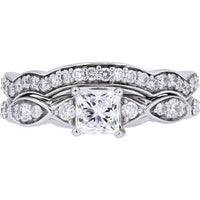 14K White Gold Bridal Set with .75 Carat Princess Cut Center Diamond and Pavé Set Diamonds - 1.25 Carat Total Diamond Weight