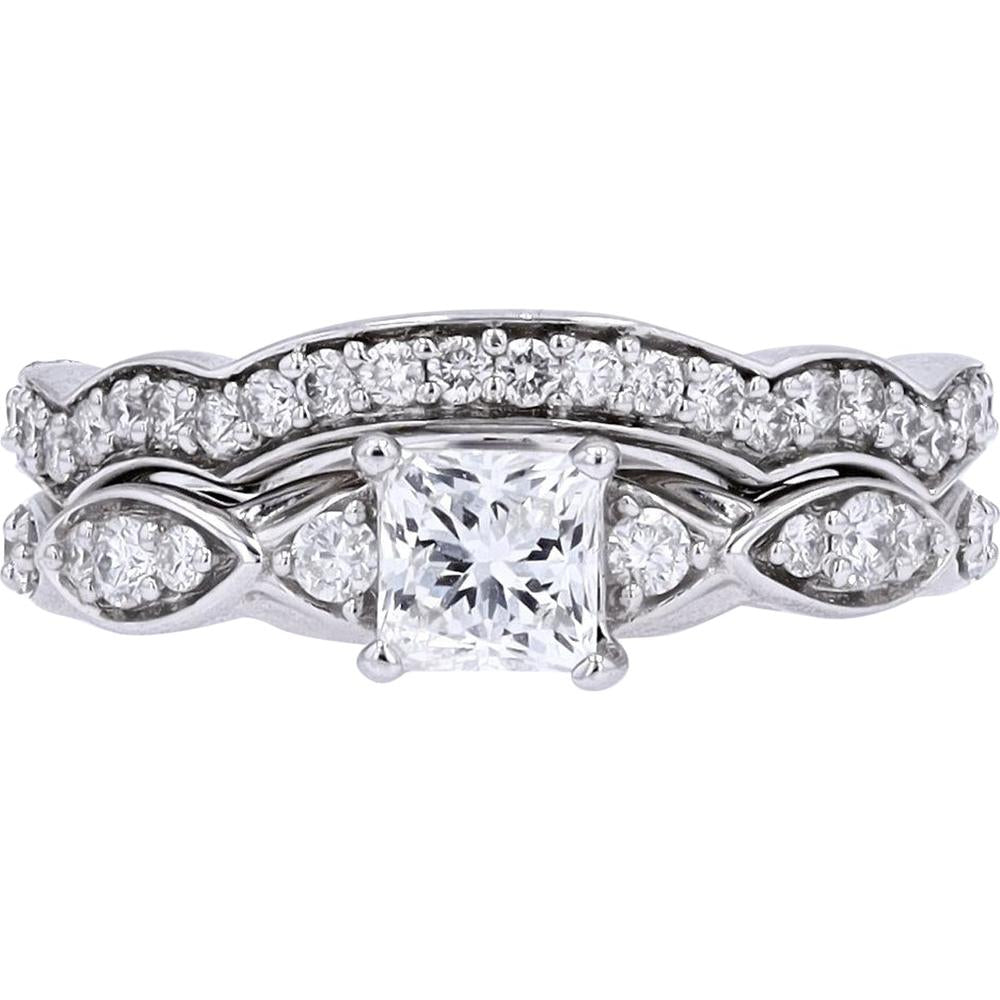 14K White Gold Bridal Set with .75 Carat Princess Cut Center Diamond and Pavé Set Diamonds - 1.25 Carat Total Diamond Weight