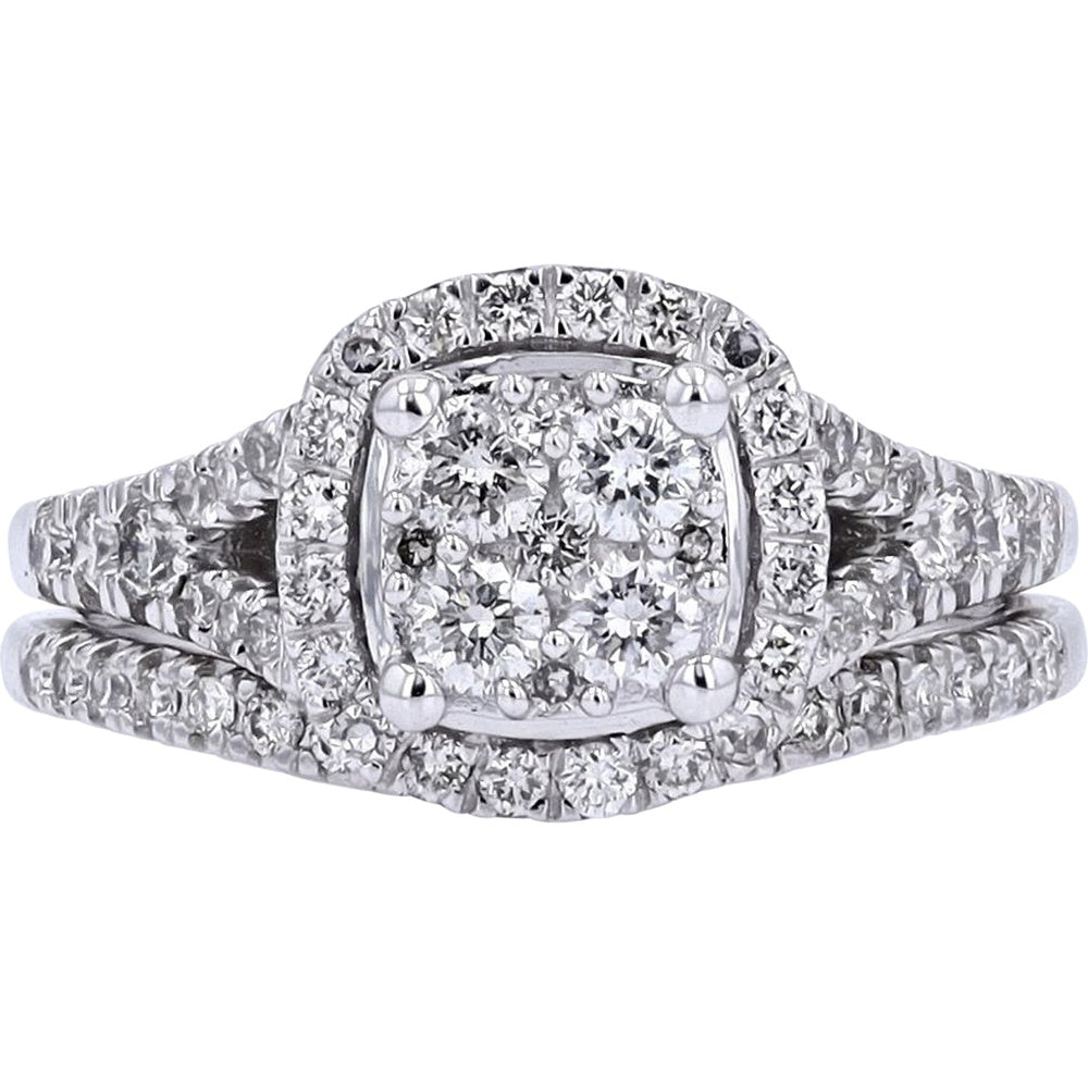 14K White Gold Bridal Set with Cushion Halo Composite Diamond and Contoured Band - 1.00 Carat Total Diamond Weight