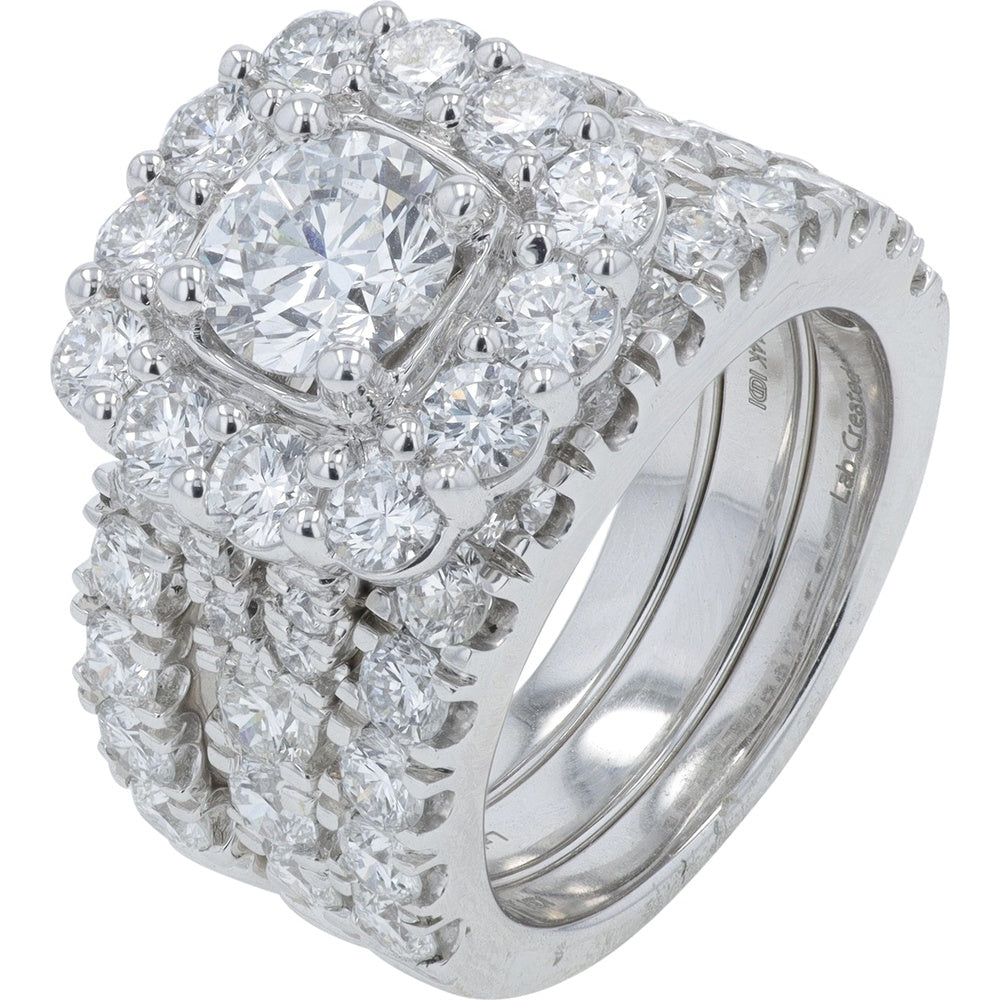14K White Gold Bridal Set with Cushion Halo Round Lab Grown Diamonds - 5.00 Carat Total Diamond Weight