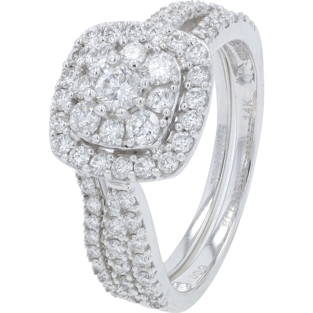 14K White Gold Bridal Set with Cushion-Shaped Double Halo and Split Shank Round Diamonds - 1.13 Carat Total Diamond Weight