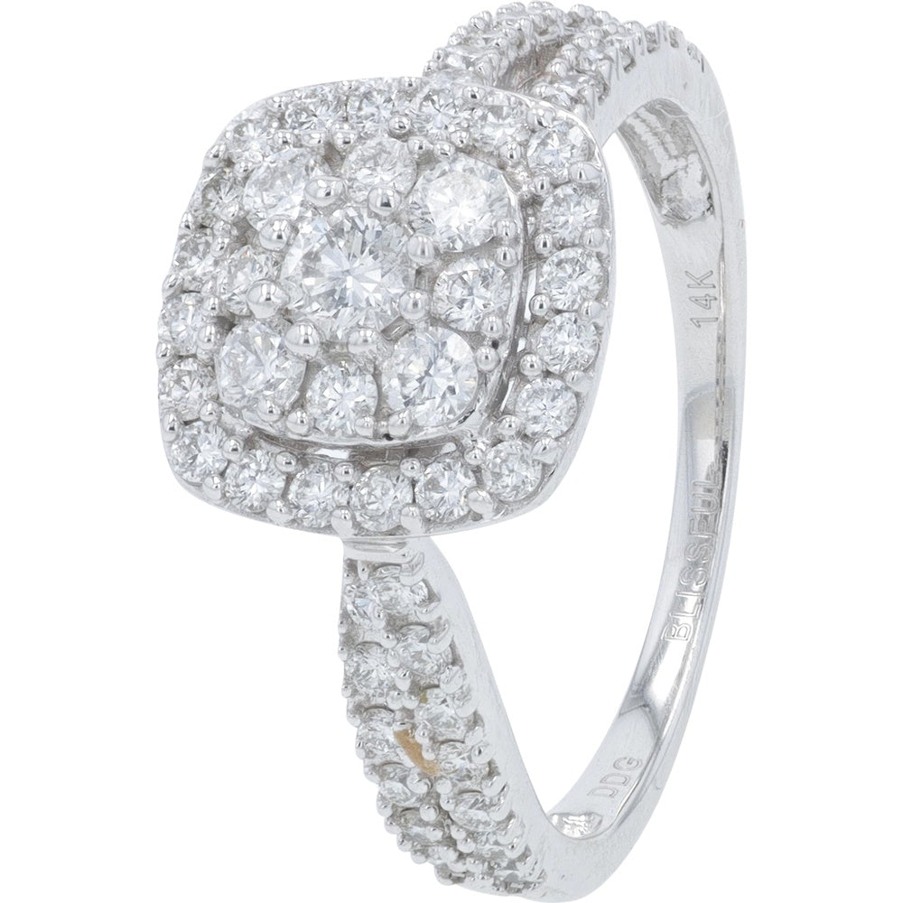 14K White Gold Bridal Set with Cushion-Shaped Double Halo and Split Shank Round Diamonds - 1.13 Carat Total Diamond Weight