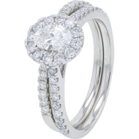 14K White Gold Bridal Set with Oval Lab Grown Diamond Halo and Pave Split Shank Band - 1.00 Carat Total Diamond Weight