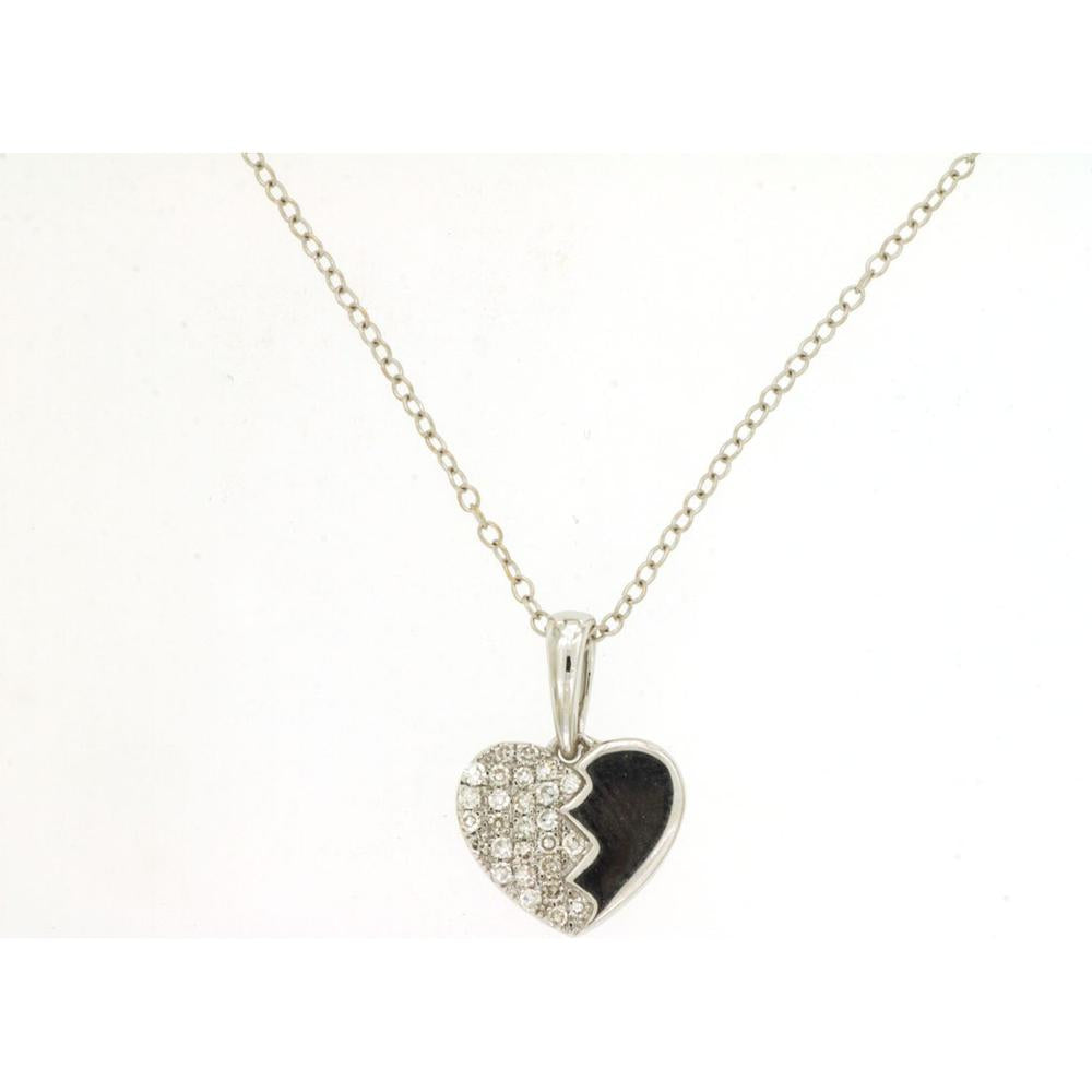 14K White Gold Broken Heart Necklace with Pavé Set Round Diamonds - 0.12 Carat Total Diamond Weight - Royal Jewelry