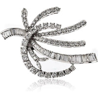 14K White Gold Brooch with 5.50 Carat Round and Baguette Diamonds - Elegant Free Form Design
