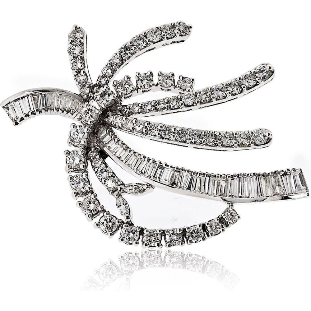 14K White Gold Brooch with 5.50 Carat Round and Baguette Diamonds - Elegant Free Form Design