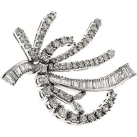 14K White Gold Brooch with 5.50 Carat Round and Baguette Diamonds - Elegant Free Form Design