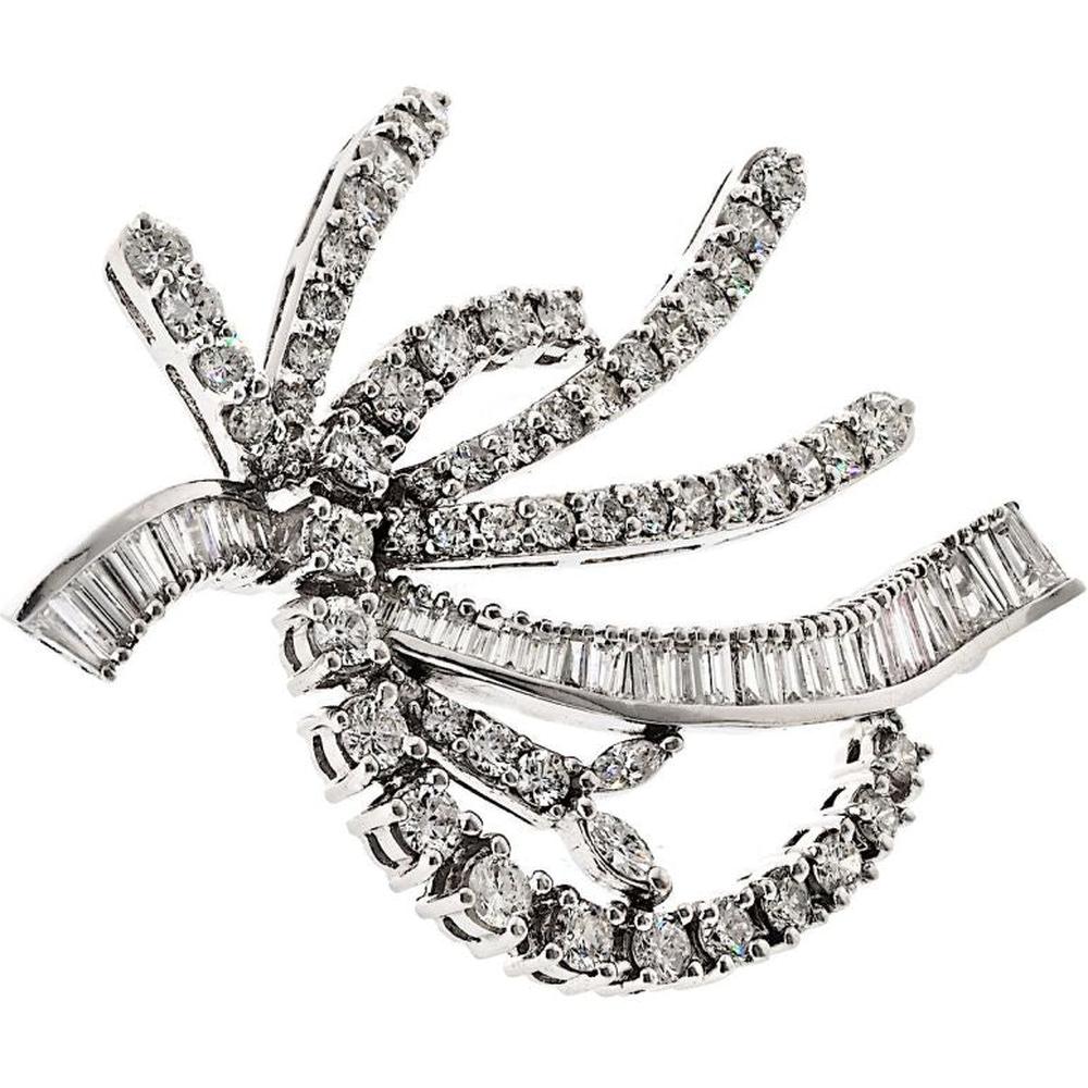 14K White Gold Brooch with 5.50 Carat Round and Baguette Diamonds - Elegant Free Form Design