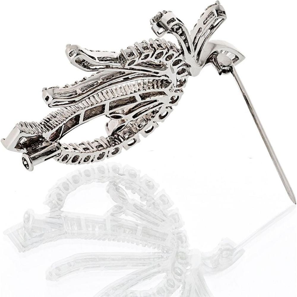 14K White Gold Brooch with 5.50 Carat Round and Baguette Diamonds - Elegant Free Form Design