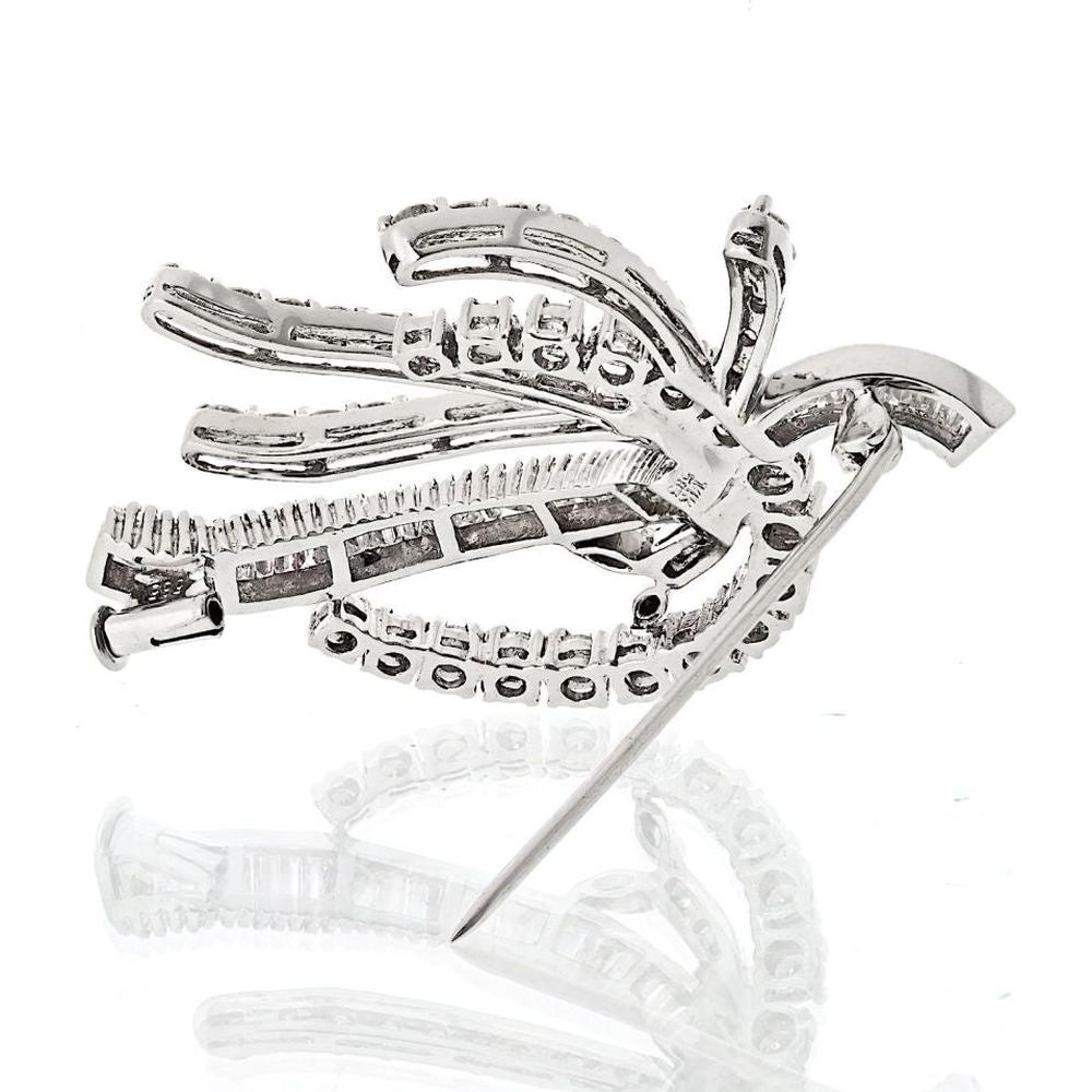14K White Gold Brooch with 5.50 Carat Round and Baguette Diamonds - Elegant Free Form Design