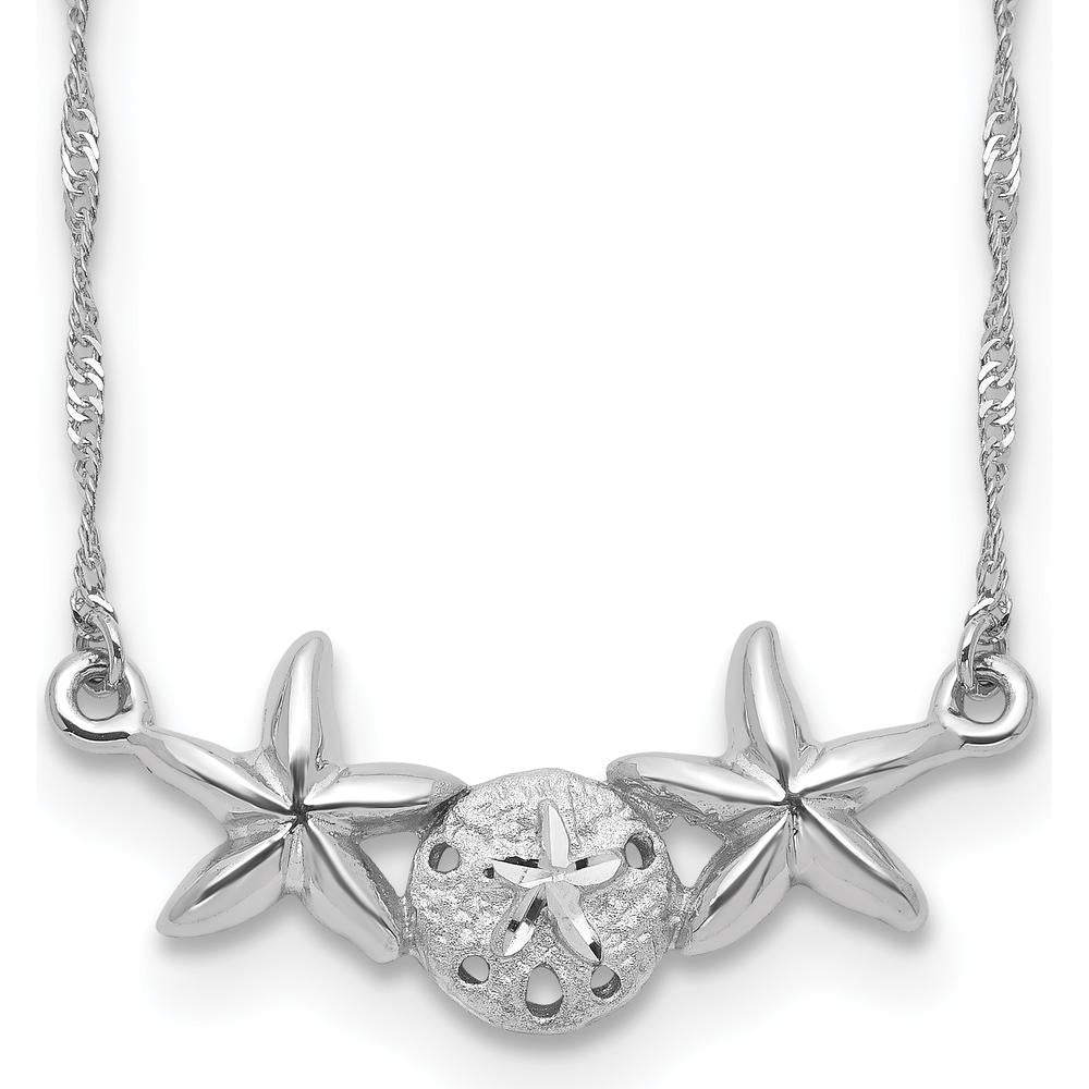 14K White Gold Brushed and Polished Sand Dollar and Starfish 17" Necklace with Rhodium Plating by 0