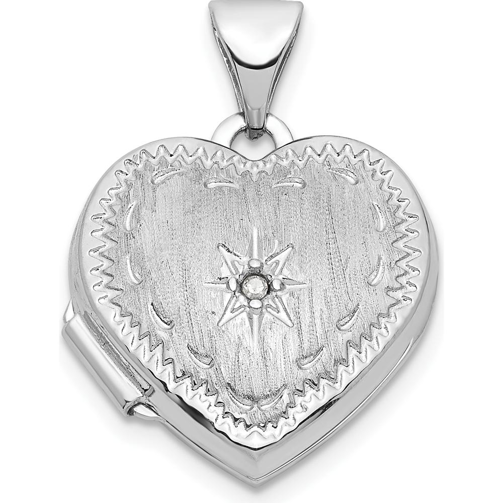 14K White Gold Brushed Diamond Star 15mm Heart Locket - 0.005 Carat Diamond by Monteluci Fine Jewelry