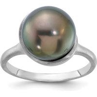 14K White Gold Brushed Pearl Ring with 10-11mm Round Black Tahitian Cultured Pearl by Monteluci Fine Jewelry