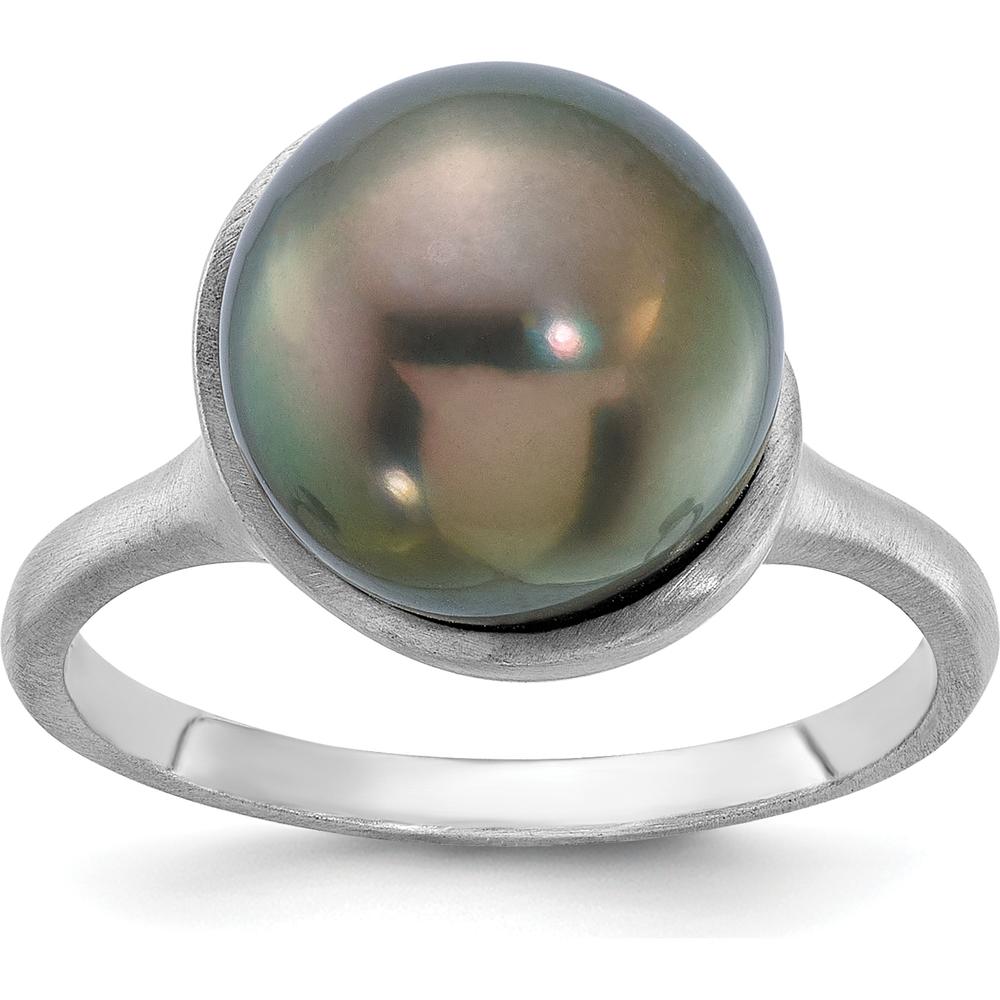 14K White Gold Brushed Pearl Ring with 10-11mm Round Black Tahitian Cultured Pearl by Monteluci Fine Jewelry