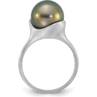 14K White Gold Brushed Pearl Ring with 10-11mm Round Black Tahitian Cultured Pearl by Monteluci Fine Jewelry