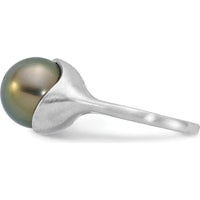 14K White Gold Brushed Pearl Ring with 10-11mm Round Black Tahitian Cultured Pearl by Monteluci Fine Jewelry