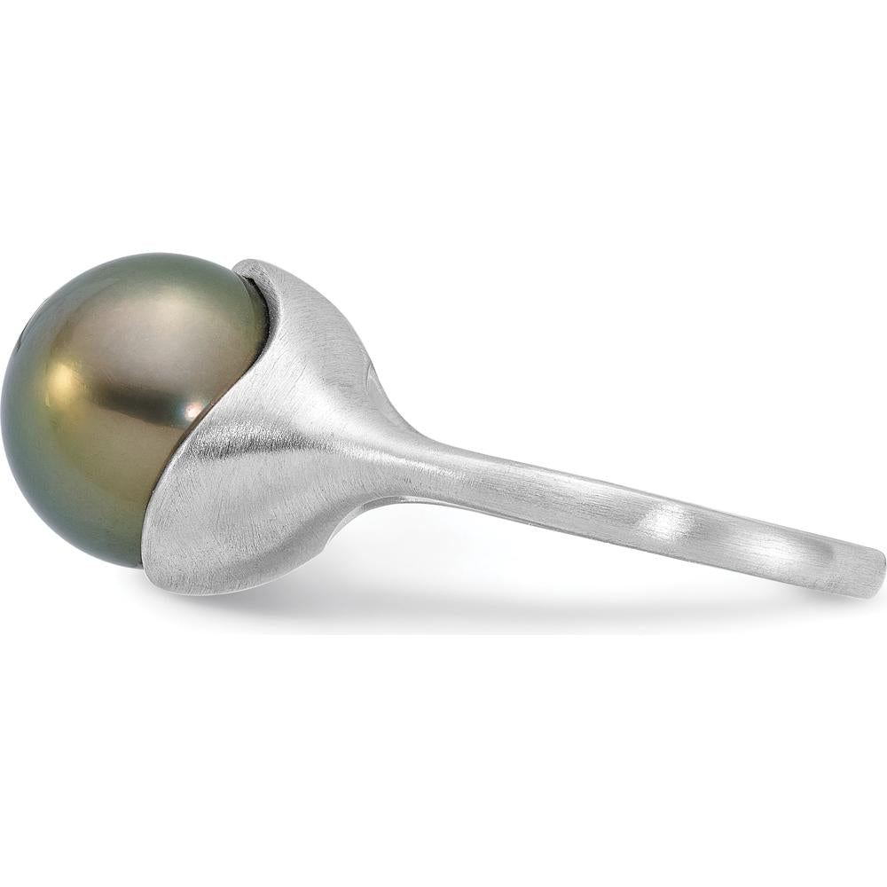 14K White Gold Brushed Pearl Ring with 10-11mm Round Black Tahitian Cultured Pearl by Monteluci Fine Jewelry