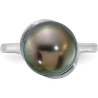 14K White Gold Brushed Pearl Ring with 10-11mm Round Black Tahitian Cultured Pearl by Monteluci Fine Jewelry