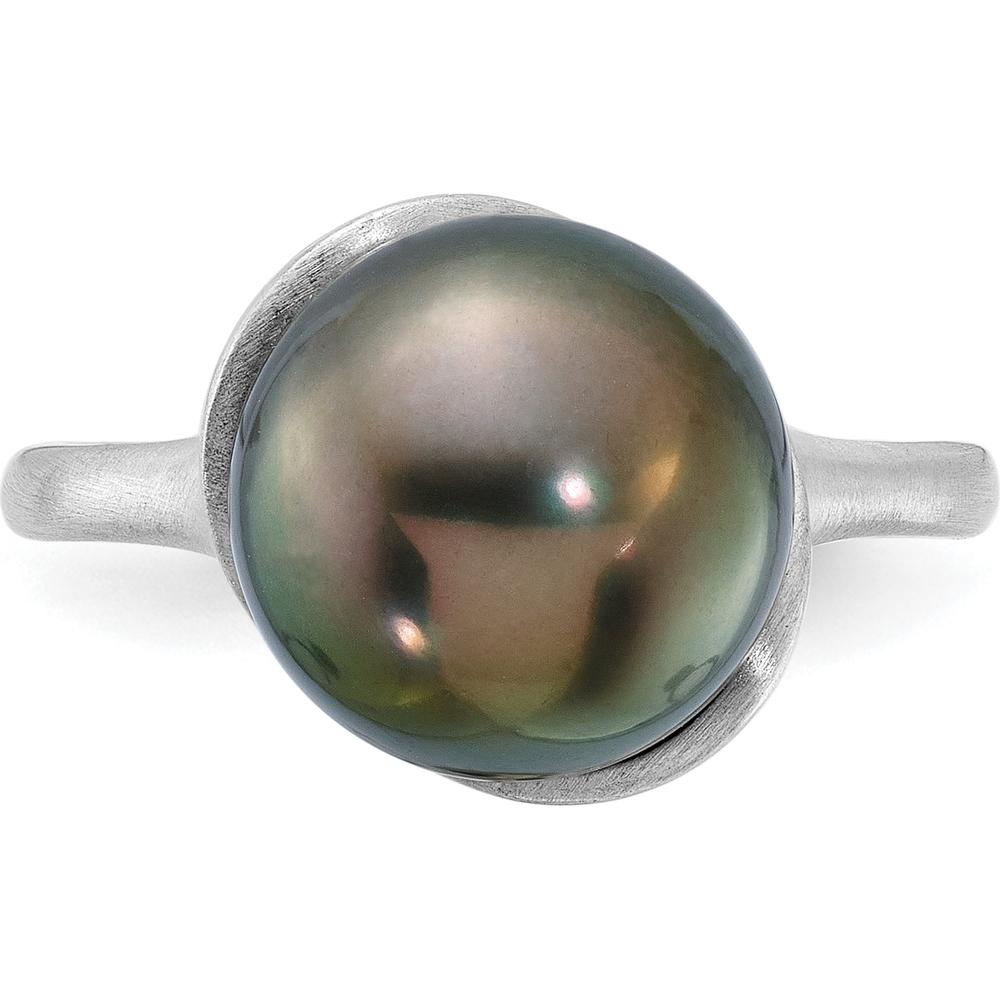 14K White Gold Brushed Pearl Ring with 10-11mm Round Black Tahitian Cultured Pearl by Monteluci Fine Jewelry